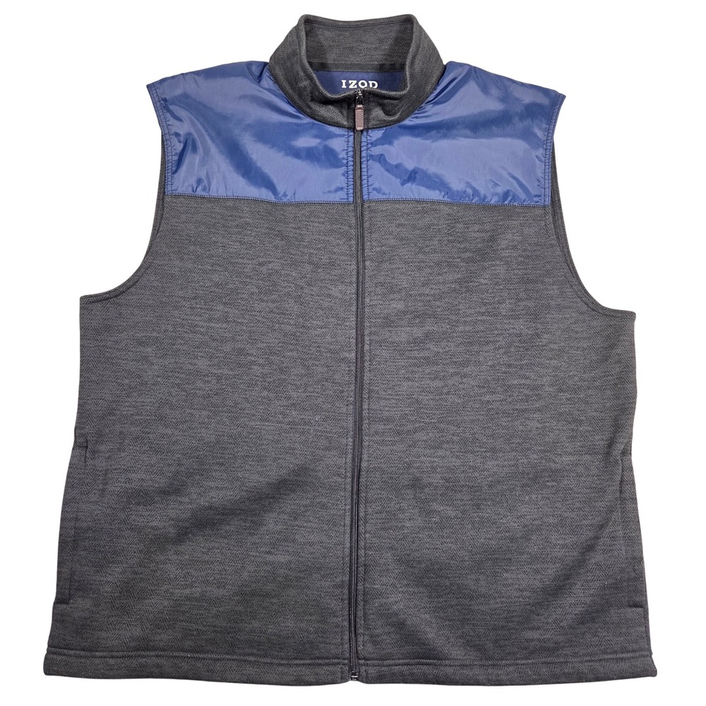 IZOD Mens Vest XXL Charcoal Gray Blue Puffer Collar Zip Front Sleeveless Casual